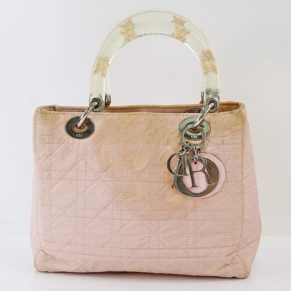 Authentic CHRISTIAN DIOR Pink Quilted Nylon Lady Dior Handbag Purse